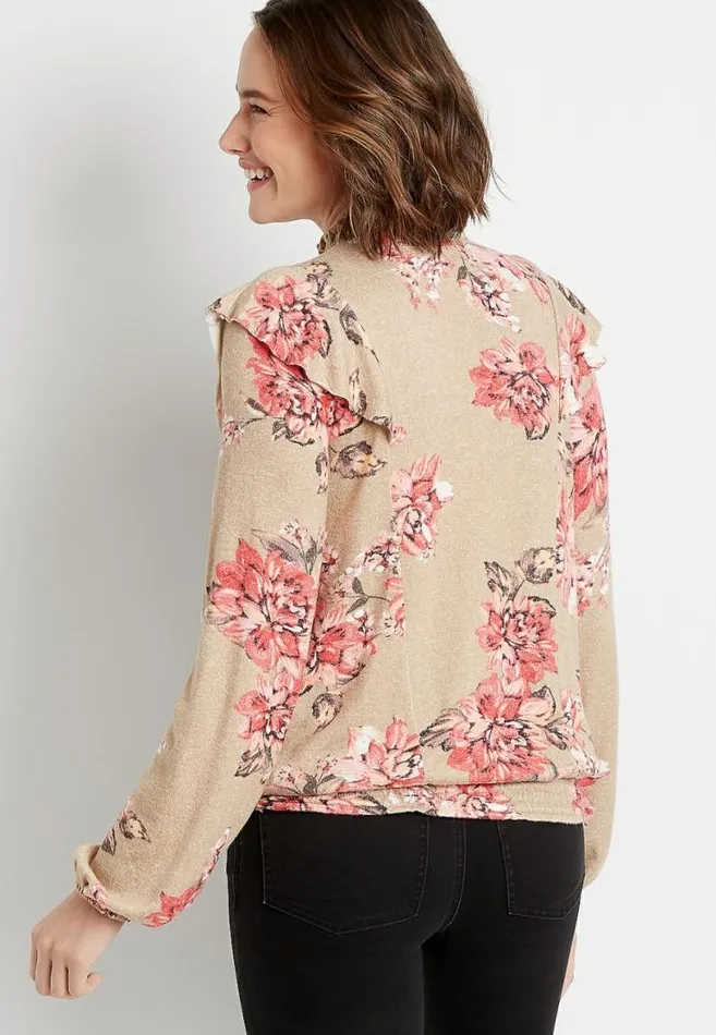 Women Floral Ruffle Mock Neck Smocked Bottom Top Maurices Tops