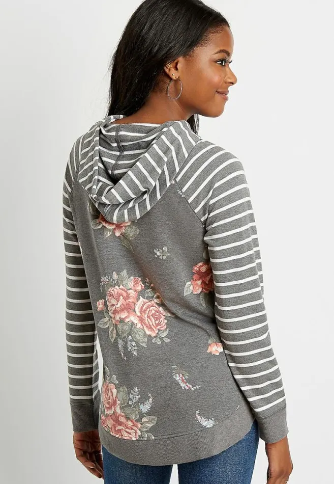 Women Floral Stripe Round Hem Pullover Hoodie Maurices Tops