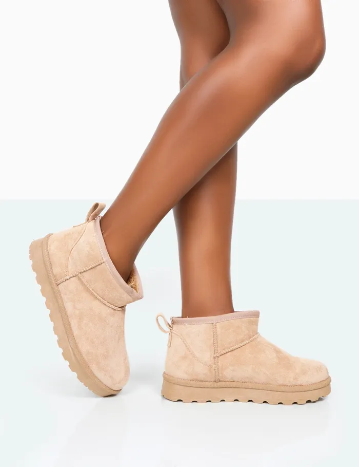Women Flurry Beige Faux Suede Mini Ankle Boots Neutral Public Desire Gifts