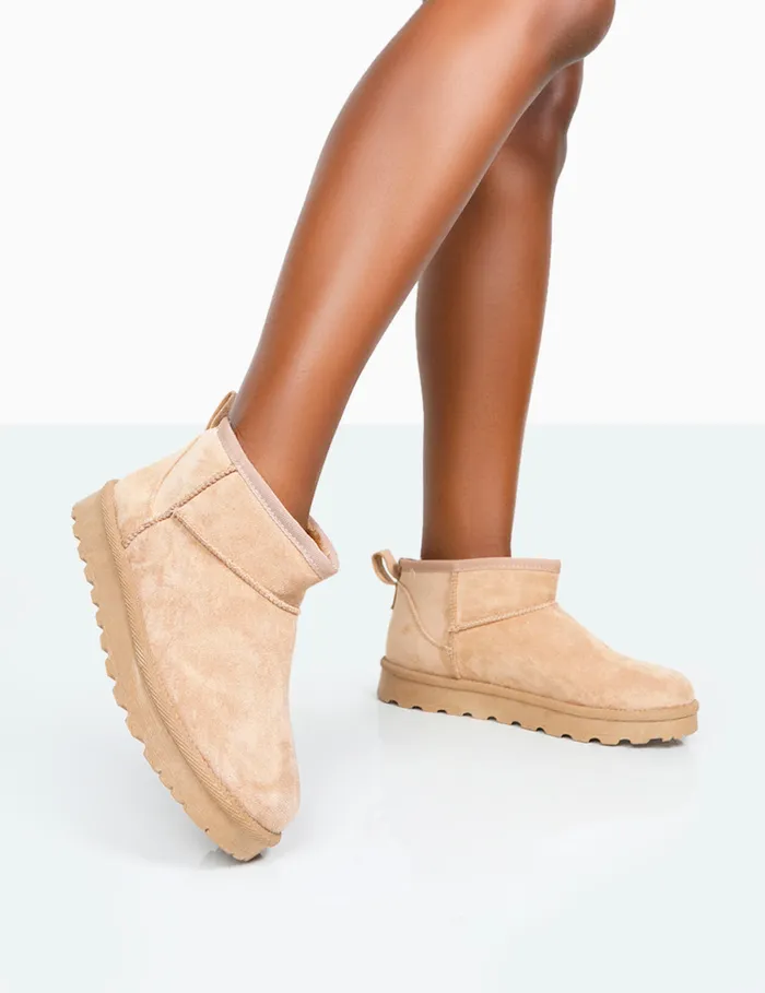 Women Flurry Beige Faux Suede Mini Ankle Boots Neutral Public Desire Gifts