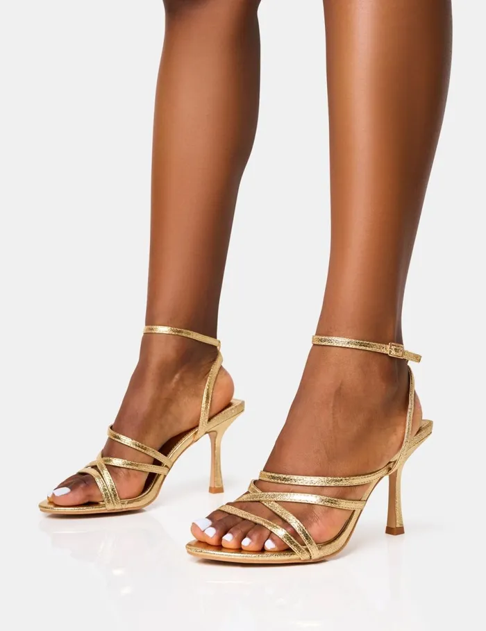 Women Free Spirit Wide Fit Gold Strappy Mid Heels Metallic Public Desire Wedding