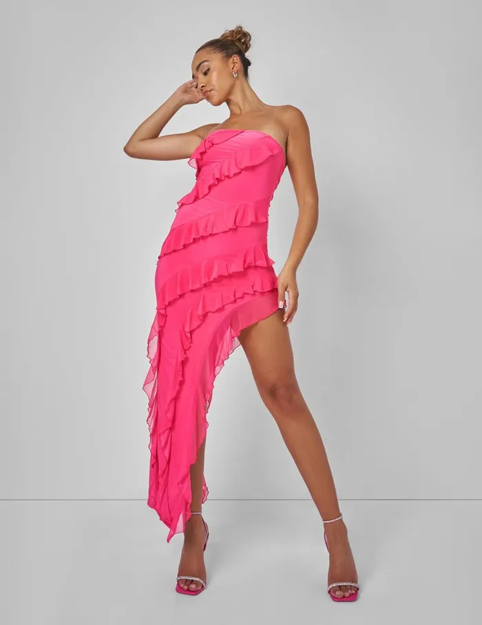 Women Frill Detail Asmetric Midaxi Dress Pink Pink Public Desire Dresses