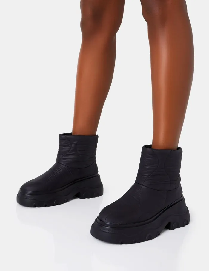 Women Frostbite Black Nylon Quilted Chunky Sole Ankle Boots Black Public Desire Chunky Boots