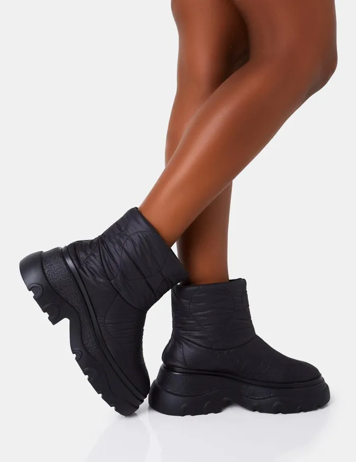 Women Frostbite Black Nylon Quilted Chunky Sole Ankle Boots Black Public Desire Chunky Boots