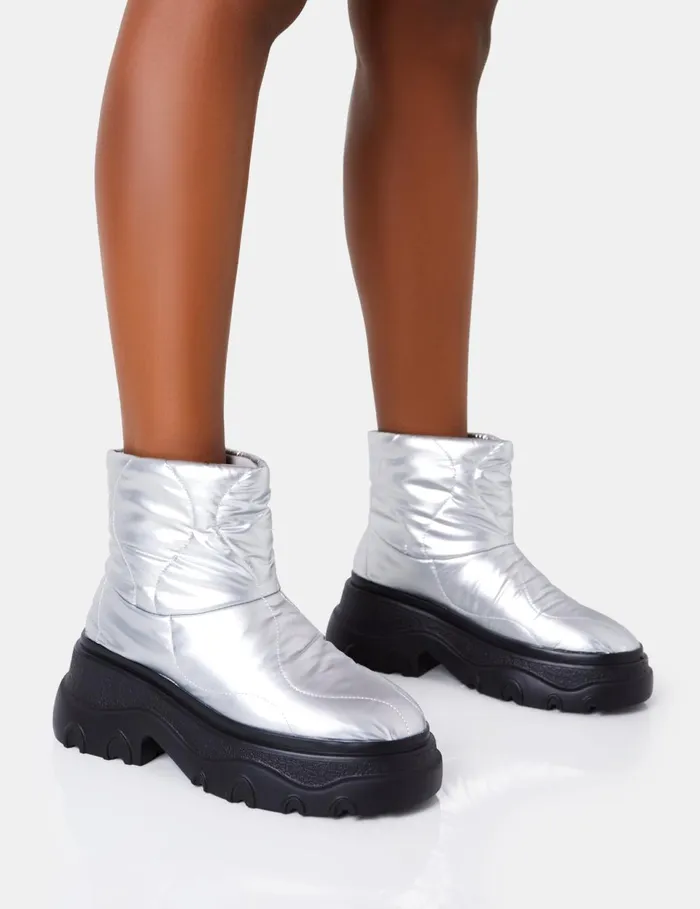 Women Frostbite Metallic Silver Nylon Quilted Chunky Sole Ankle Boots Silver Public Desire Chunky Boots Women Frostbite Metallic Silver Nylon Quilted Chunky Sole Ankle Boots Silver Public Desire Chunky Boots