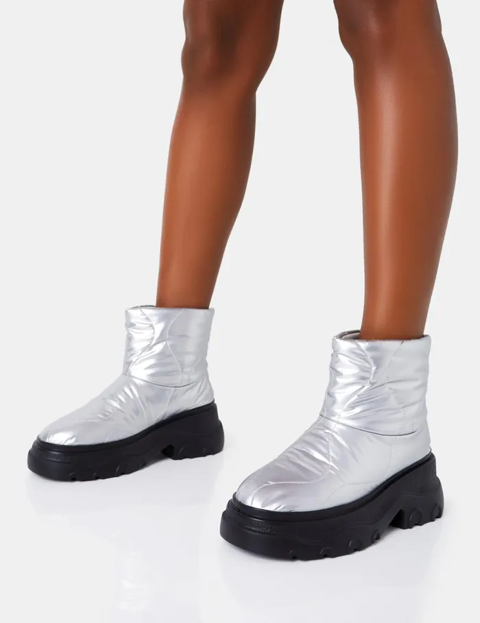 Women Frostbite Metallic Silver Nylon Quilted Chunky Sole Ankle Boots Silver Public Desire Chunky Boots