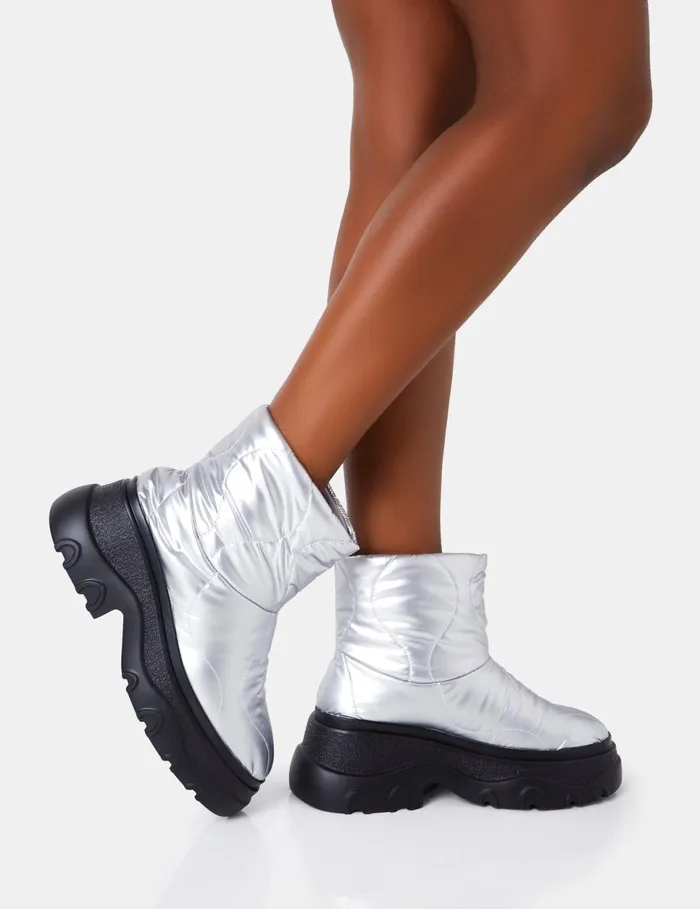 Women Frostbite Metallic Silver Nylon Quilted Chunky Sole Ankle Boots Silver Public Desire Chunky Boots