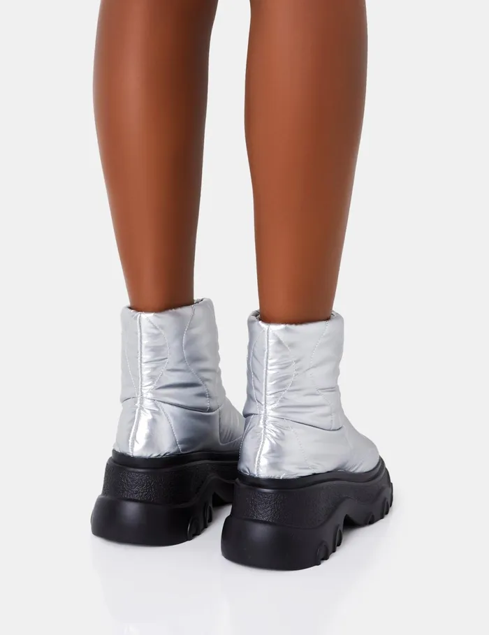 Women Frostbite Metallic Silver Nylon Quilted Chunky Sole Ankle Boots Silver Public Desire Chunky Boots