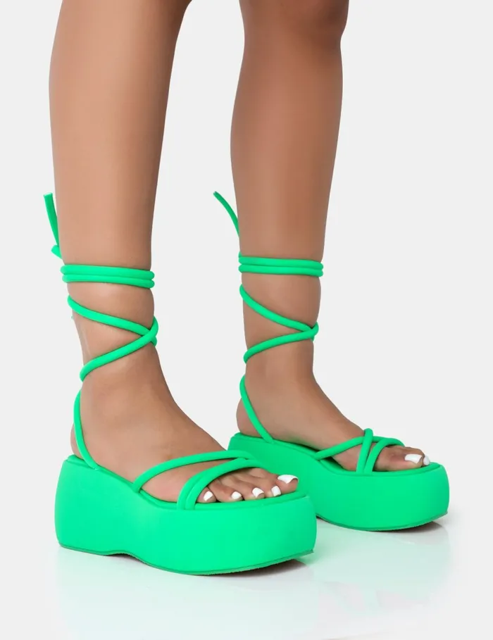 Women Full Moon Lace Up Chunky Platform Sandals Green Public Desire Holiday