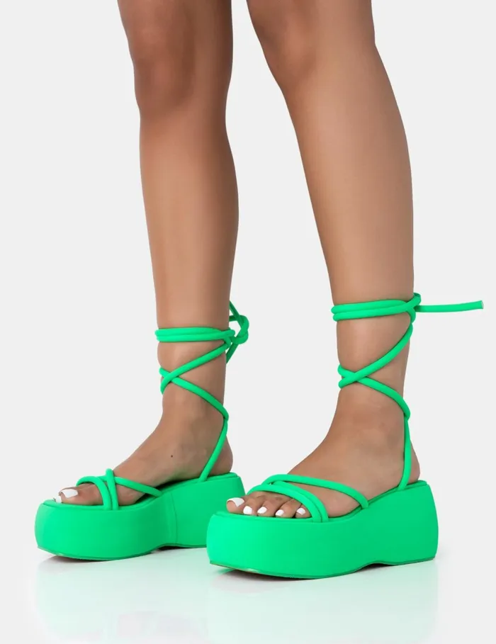 Women Full Moon Lace Up Chunky Platform Sandals Green Public Desire Holiday