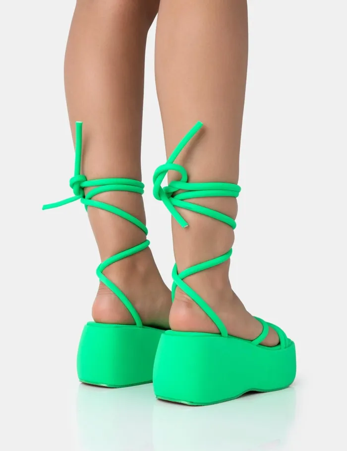 Women Full Moon Lace Up Chunky Platform Sandals Green Public Desire Holiday