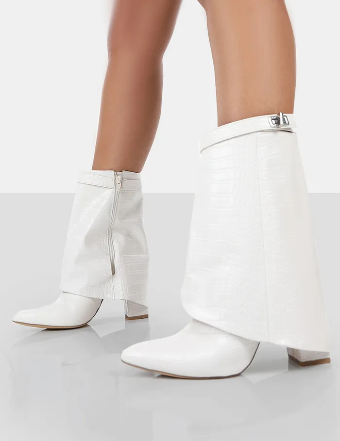 Women Fyre Ecru Croc Pointed Toe Heeled Ankle Boots Ecru Public Desire Ankle Boots