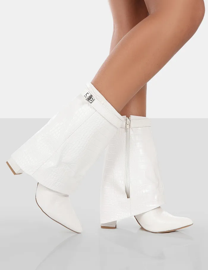 Women Fyre Ecru Croc Pointed Toe Heeled Ankle Boots Ecru Public Desire Ankle Boots