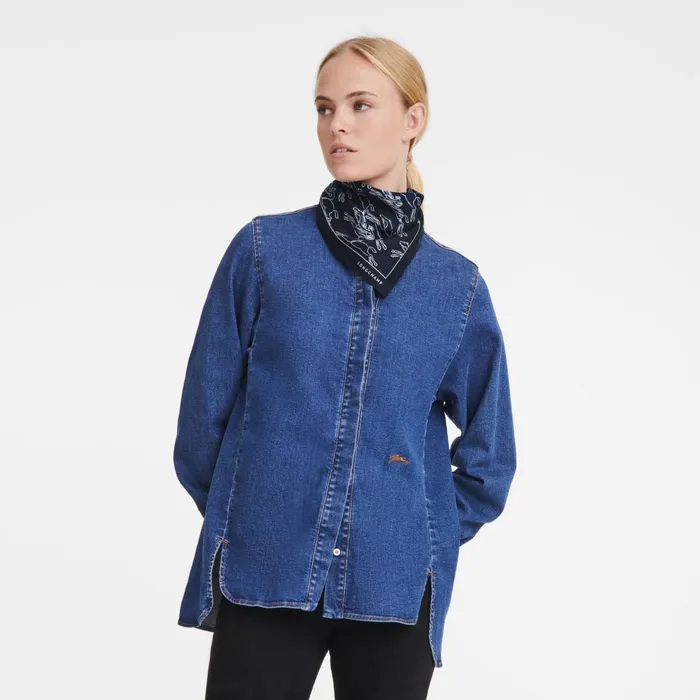 Women Gallop Denim Silk Scarf 50 Navy Longchamp Silk Scarves