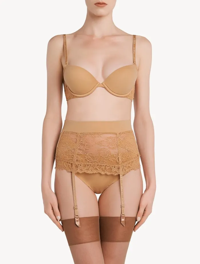 Women Garter Belts La Perla Nude Lycra Control Fit Suspender With Chantilly Lace