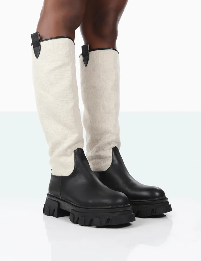 Women Genius Black Linen Knee High Chunky Sole Boots Black Public Desire Long Boots Women Genius Black Linen Knee High Chunky Sole Boots Black Public Desire Long Boots