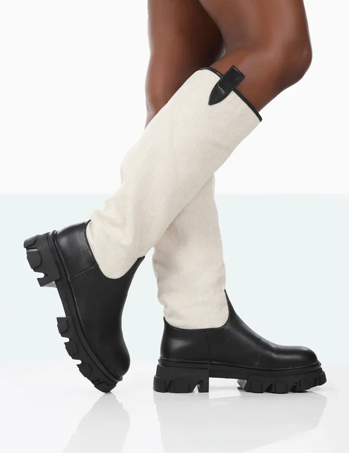 Women Genius Black Linen Knee High Chunky Sole Boots Black Public Desire Long Boots