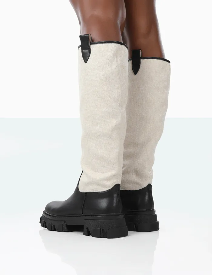 Women Genius Black Linen Knee High Chunky Sole Boots Black Public Desire Long Boots