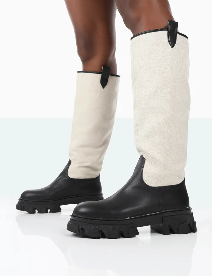 Women Genius Black Linen Knee High Chunky Sole Boots Black Public Desire Long Boots