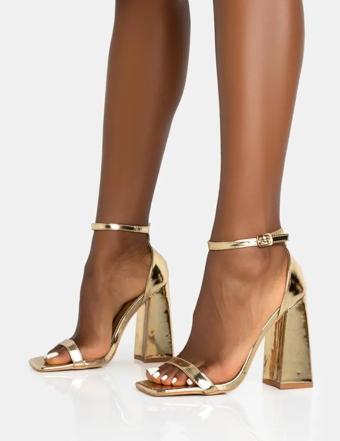 Women Geri Gold PU Barely There Square Toe Block Heels Gold Public Desire Party