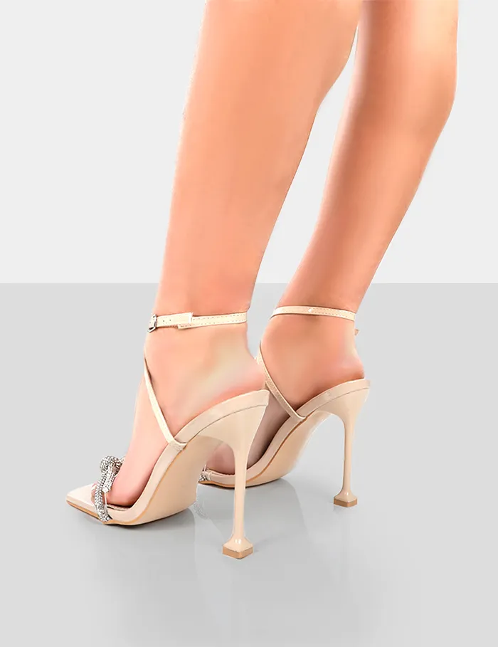 Women Glitter Nude Wrap Around Diamante Bow Square Toe Heels Nude Public Desire Metallics