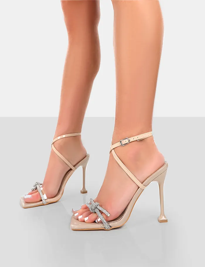 Women Glitter Nude Wrap Around Diamante Bow Square Toe Heels Nude Public Desire Metallics