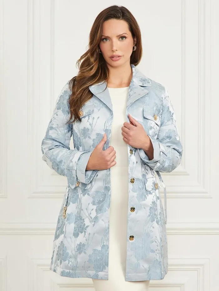 Women Golden Floral Trench Coat Soft Blue Flower Jacquard Marciano Jackets Women Golden Floral Trench Coat Soft Blue Flower Jacquard Marciano Jackets