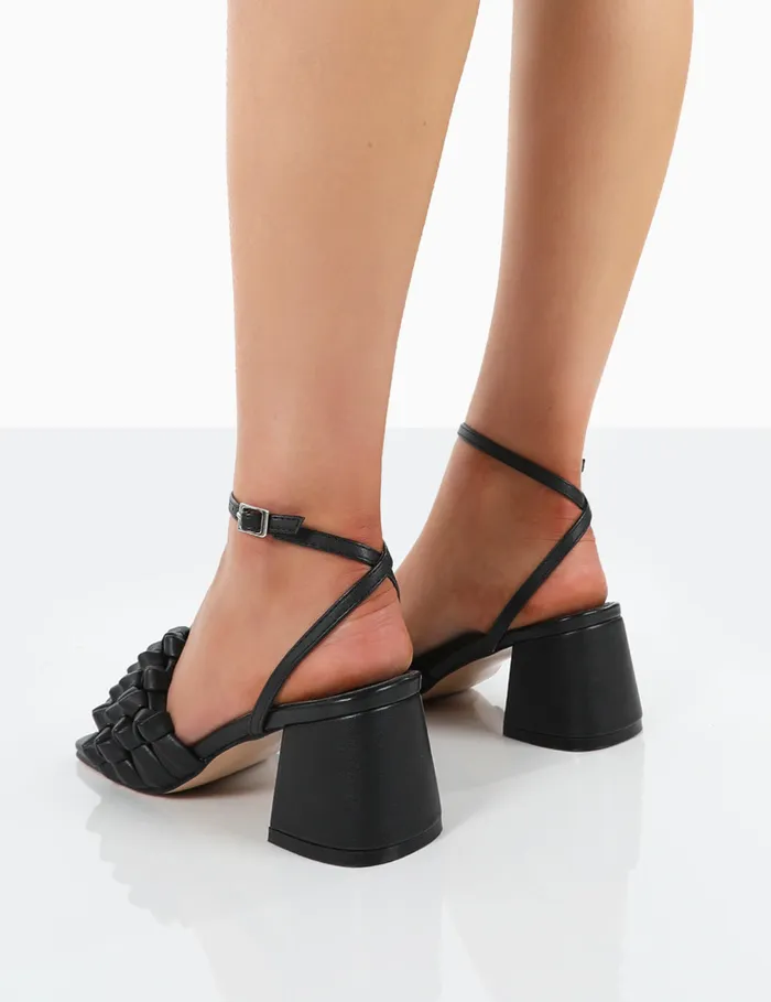Women Got This Black Pu Woven Square Toe Block Mid Heeled Mule Sandals Black Public Desire Holiday