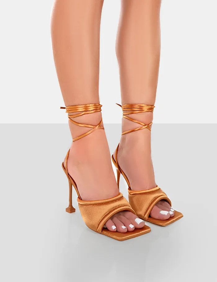 Women Gracie Toffee Satin Square Peep Toe Lace Up Stiletto Heels Brown Public Desire Holiday Women Gracie Toffee Satin Square Peep Toe Lace Up Stiletto Heels Brown Public Desire Holiday