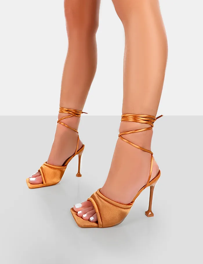 Women Gracie Toffee Satin Square Peep Toe Lace Up Stiletto Heels Brown Public Desire Holiday