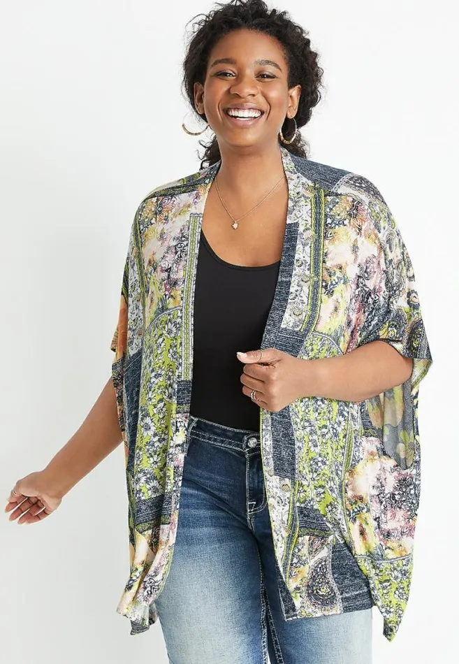 Women Gray Patchwork Floral Kimono Maurices Plus Tops