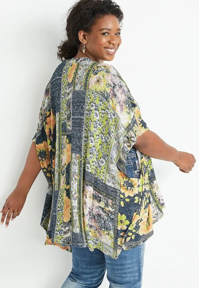 Women Gray Patchwork Floral Kimono Maurices Plus Tops