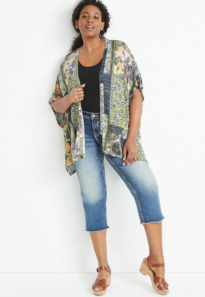 Women Gray Patchwork Floral Kimono Maurices Plus Tops