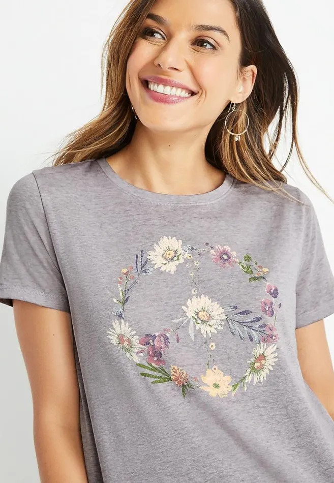 Women Gray Wildflower Peace Sign Graphic Tee Maurices Tops