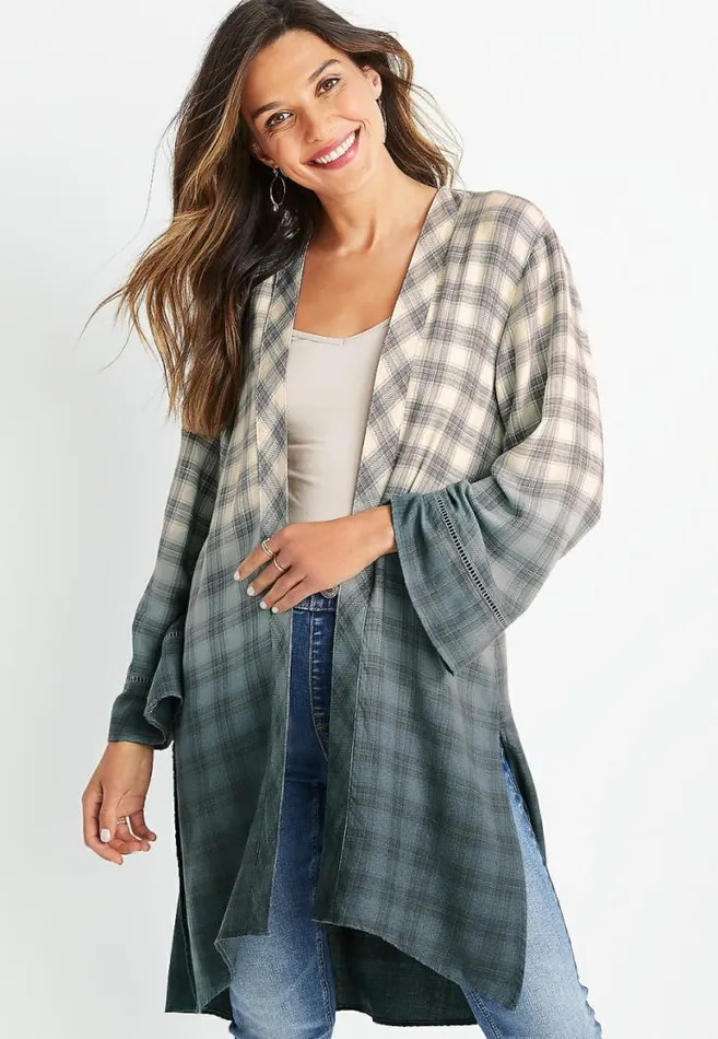 Women Grey Plaid Duster Kimono Maurices Tops