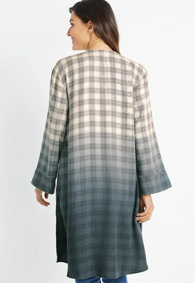 Women Grey Plaid Duster Kimono Maurices Tops