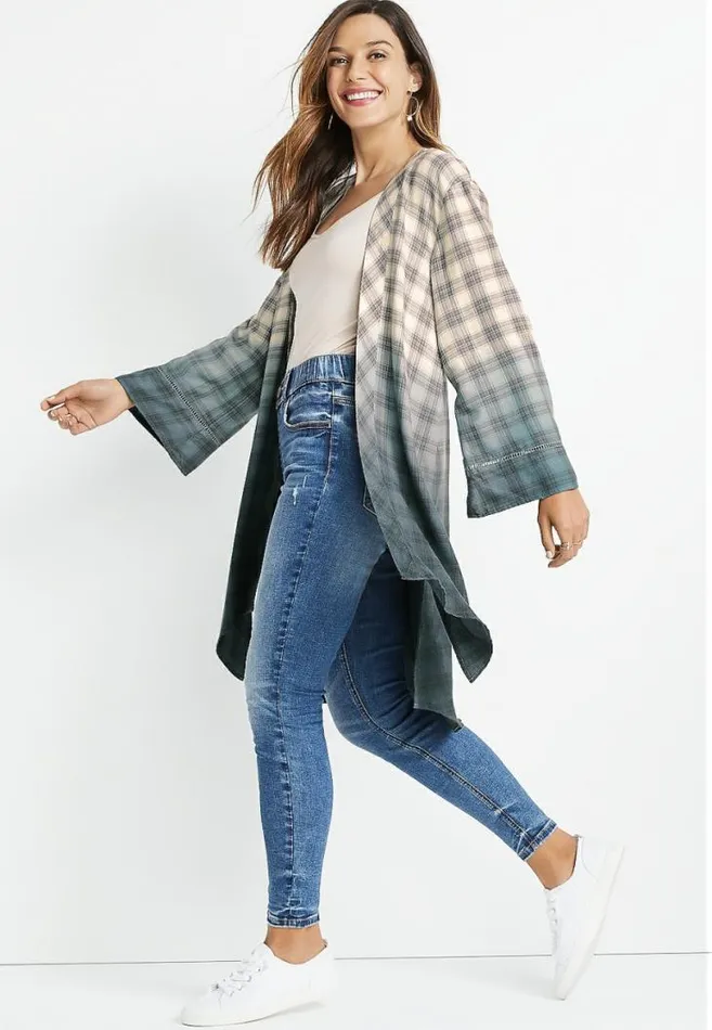 Women Grey Plaid Duster Kimono Maurices Tops