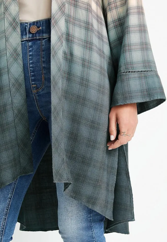 Women Grey Plaid Duster Kimono Maurices Tops
