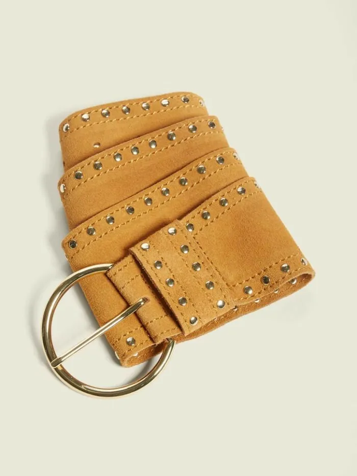 Women GUESS Belts Studded Suede Leather Belt Brownblue
