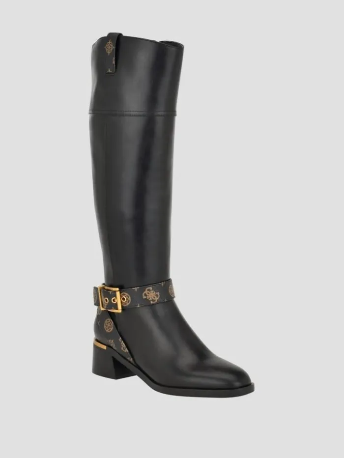 Women GUESS Boots and Booties Eveda Buckle Riding Boots Black Leather