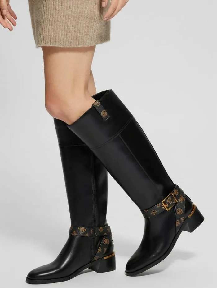 Women GUESS Boots and Booties Eveda Buckle Riding Boots Black Leather