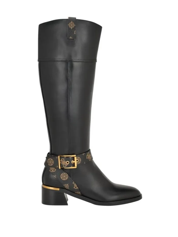 Women GUESS Boots and Booties Eveda Buckle Riding Boots Black Leather