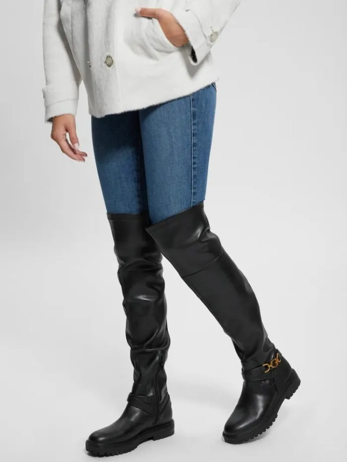 Women GUESS Boots and Booties Jellio Buckle KneeHigh Boots Black 001