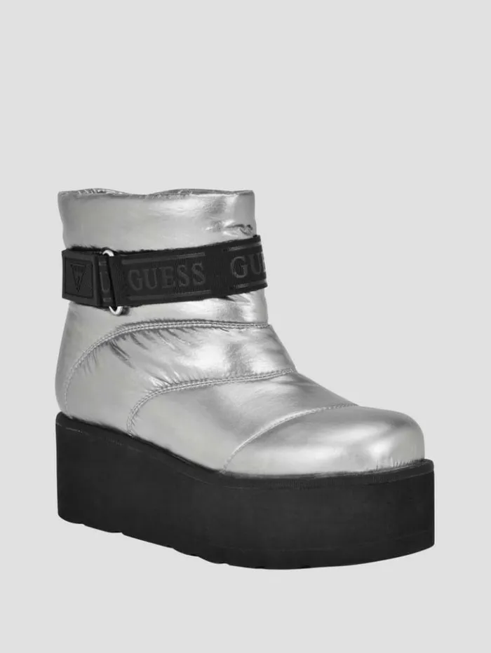 Women GUESS Boots and Booties Jilona Metallic Platform Fur Booties Pewter