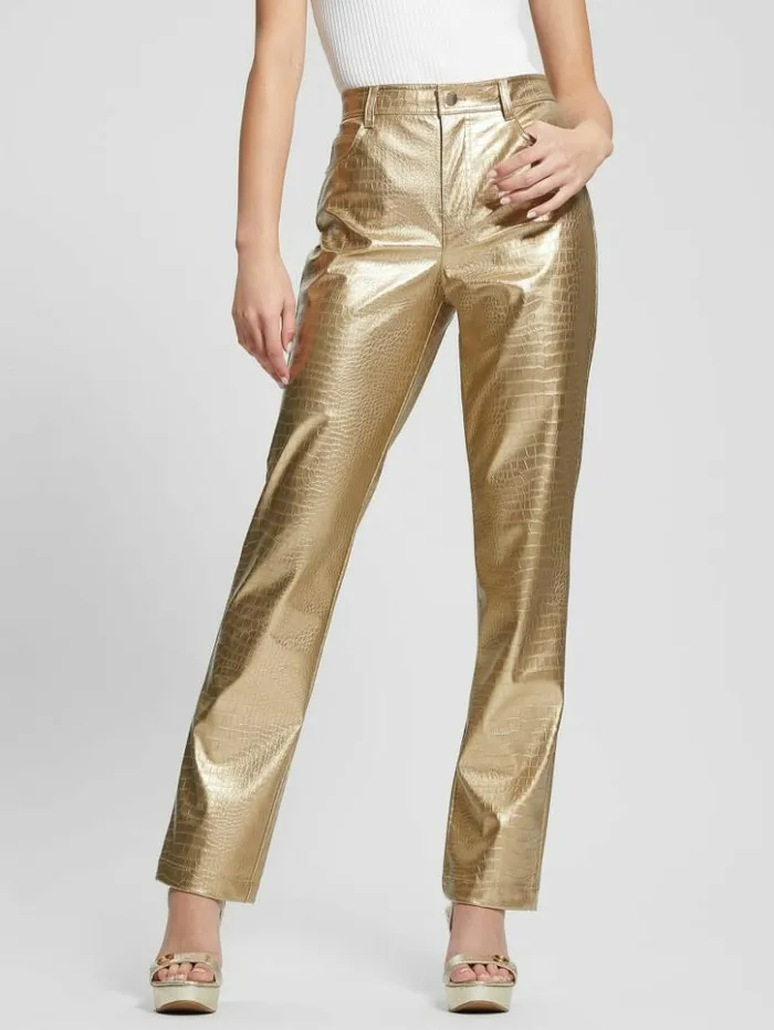 Women GUESS Bottoms Ambra Metallic FauxLeather Pants Light Gold