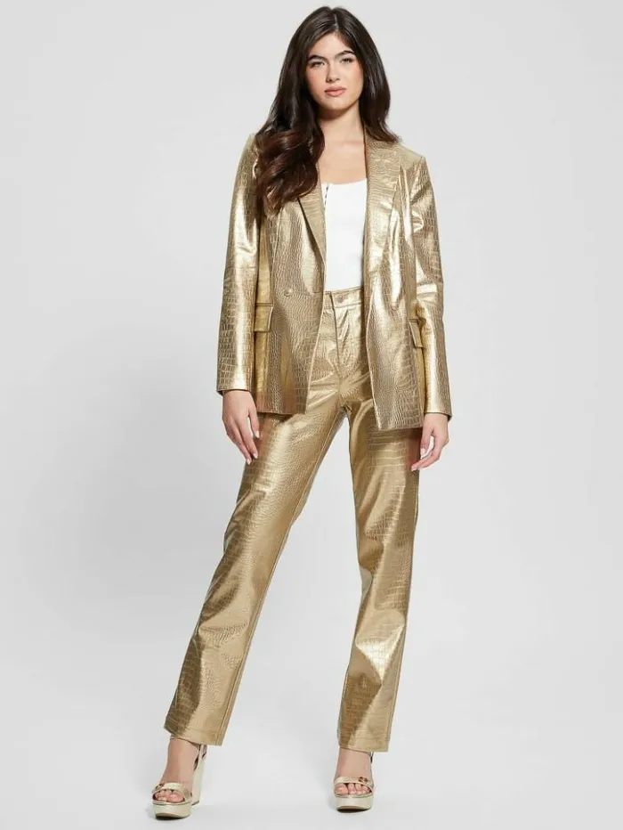 Women GUESS Bottoms Ambra Metallic FauxLeather Pants Light Gold