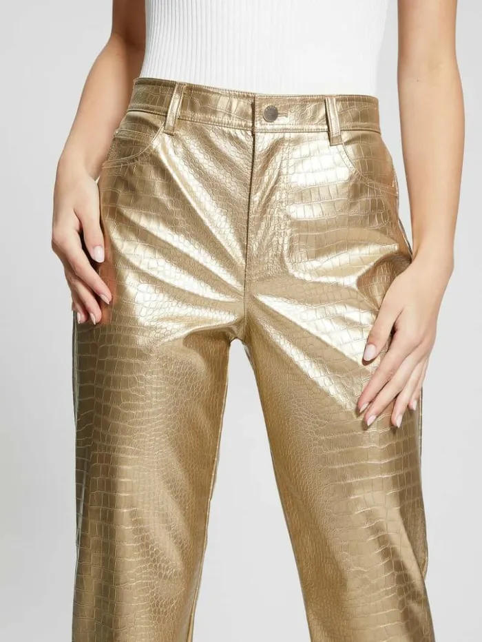 Women GUESS Bottoms Ambra Metallic FauxLeather Pants Light Gold