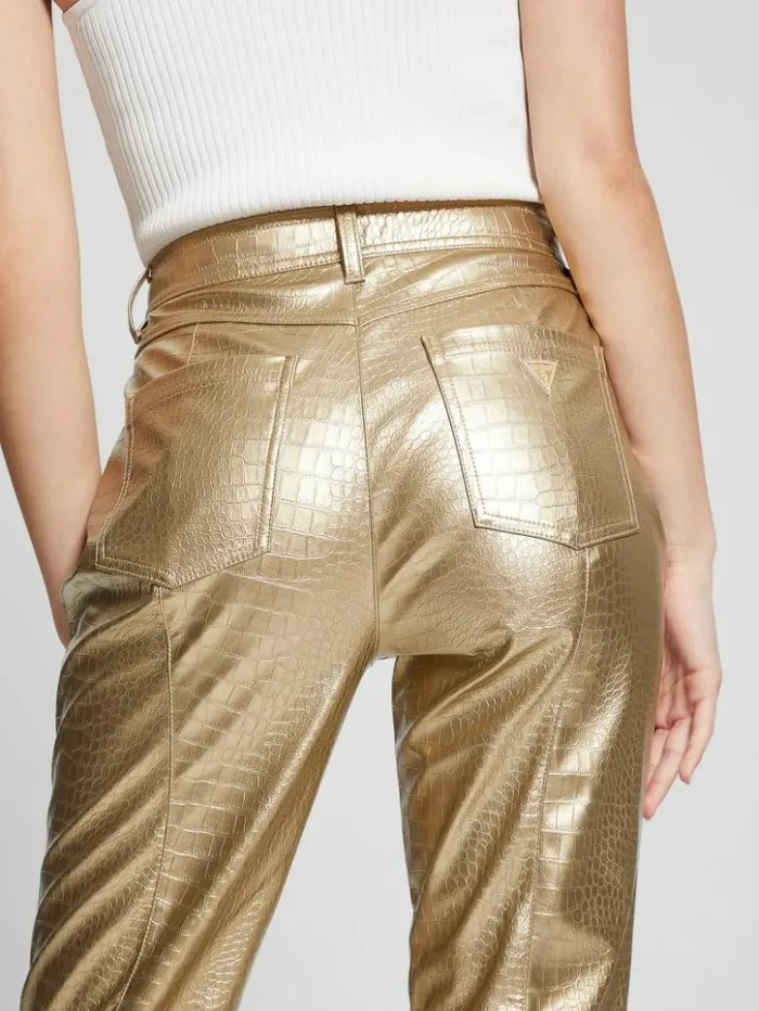 Women GUESS Bottoms Ambra Metallic FauxLeather Pants Light Gold