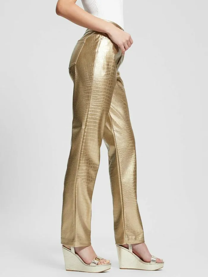 Women GUESS Bottoms Ambra Metallic FauxLeather Pants Light Gold
