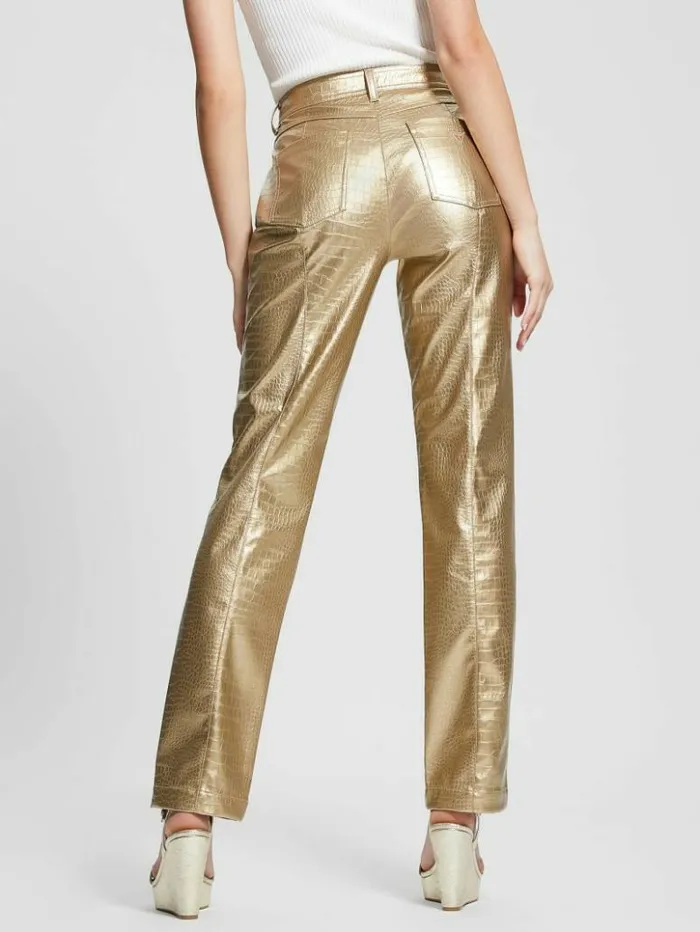 Women GUESS Bottoms Ambra Metallic FauxLeather Pants Light Gold